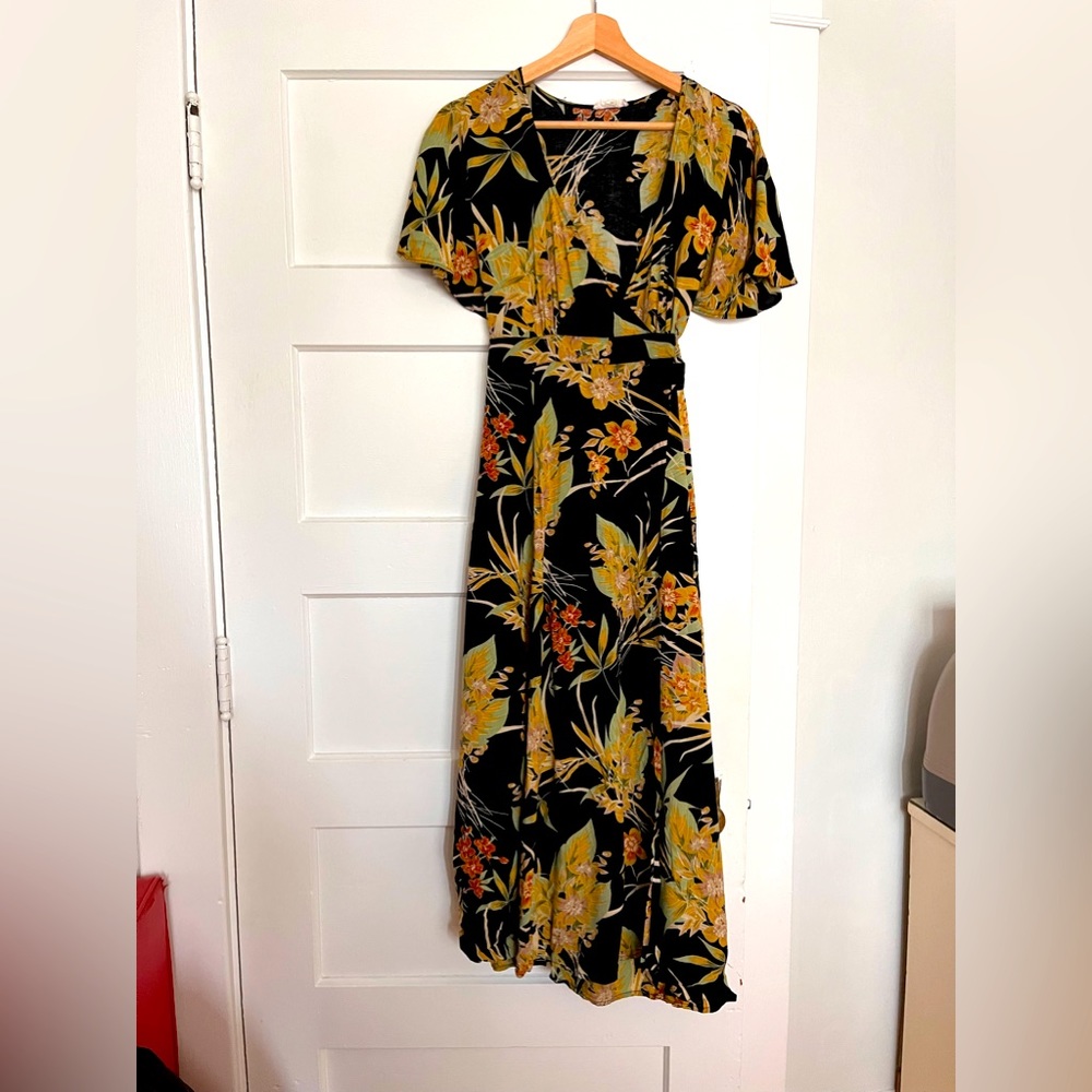Cotton candy tropical print wrap dress